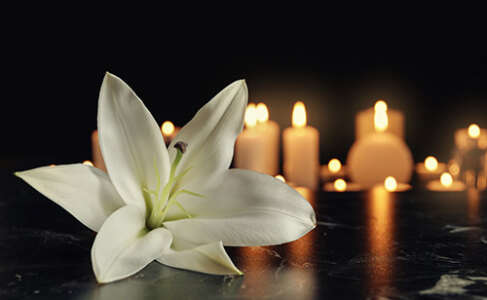 White lily and blurred burning candles on table in darkness, space for text. Funeral symbol