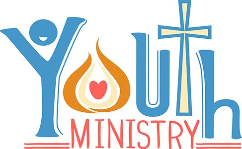 Typography Illustration of the Phrase Youth Ministry Decorated with a Cross and a Symbol of the Holy Spirit