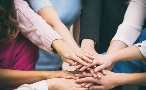 Group of women in the office at the seminar together discuss topics of interest hands close up